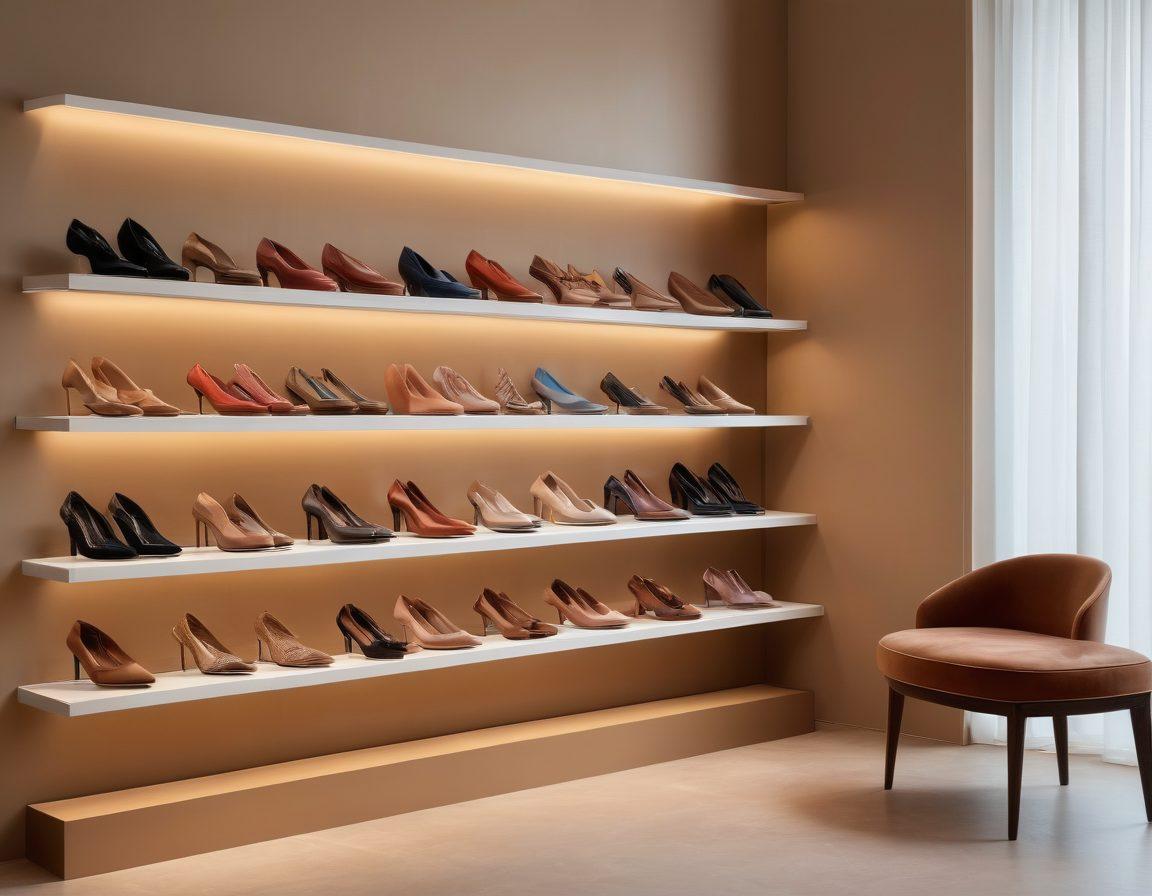 An elegantly arranged display of high-end designer shoes on a chic, minimalist shelf. Luxurious textures and materials showcased, illuminated by soft, ambient lighting. Include a stylish person trying on a pair, exuding confidence and flair. Background with subtle fashion accessories to enhance the theme of practicality and style. super-realistic. vibrant colors. soft focus.